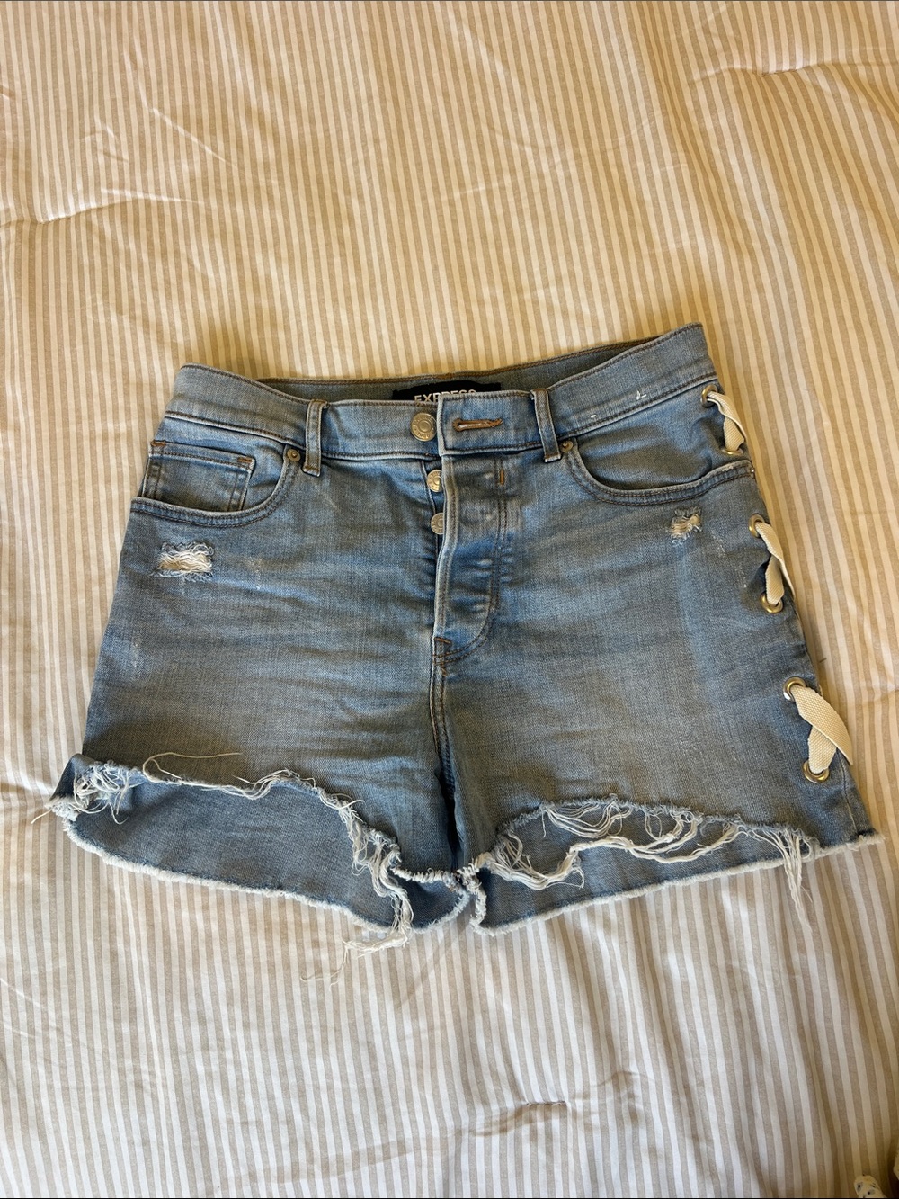 Express Light Blue Distressed Denim Shorts with Side Lace-Up Detail